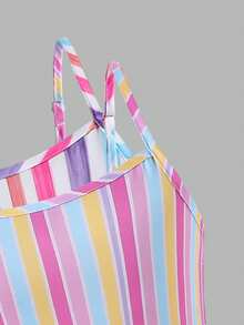 SHEIN 女童夏季洋裝，休閒風格，甜美細肩帶，厚實面料搭配圖案與清新配色，適合戶外度假穿著，可愛休閒，青少年女孩夏季必備套裝 - 粉色 - 查看 5