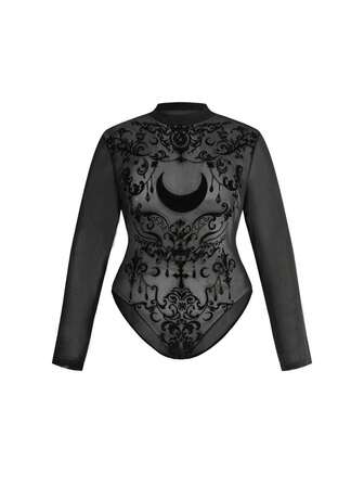 Gothic Vintage Baroque Vine Moon Pattern Flocked Fabric Spring Summer Vacation Sexy Sheer Plus Size Fitted Bodysuit
