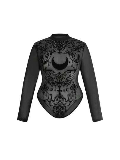ROMWE Gothic Vintage Baroque Vine Moon Pattern Flocked Fabric Spring Summer Vacation Sexy Sheer Plus Size Fitted Bodysuit