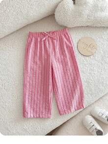 SHEIN 少女蝴蝶結腰飾條紋寬鬆休閒長褲 - 粉色 - 查看 7
