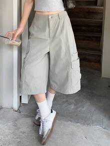 DAZY Solid Color Loose Pocket Capri Pants Casual Street Style Summer Women Long Pants Vacation School - Grey - View 5