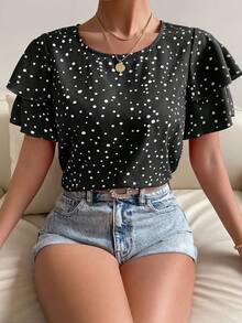 SHEIN Holidaya 女款圓領波點圖案休閒荷葉邊短袖襯衫 - 黑色 - 查看 1
