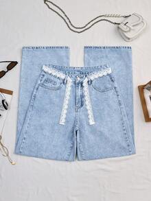 SHEIN Tall Tall Summer Fashion Washed Denim Mid-Rise Wide Leg Pants - Light Wash - View 4