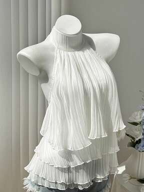 Elamini Women's Summer White Shirt, Pleated Fabric, Mid Neck, Halter Neck, Tie Strap, Backless, Gathered, Multi-Layer Ruffle, Cute, Vacation, Beach, Commute, Shopping, Date, Daily, Vintage, Versatile