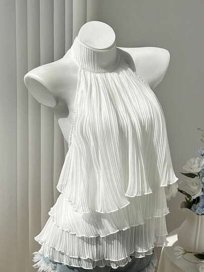 Elamini Women's Summer White Shirt, Pleated Fabric, Mid Neck, Halter Neck, Tie Strap, Backless, Gathered, Multi-Layer Ruffle, Wedding, Beach Brunch, Elegant