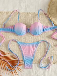 Swim Mod Summer Spring New Cross-Border Ins Style Sexy Triangle Tie Bikini Mermaid Shell Bikini Set For Women, Neon Pink And Blue Gradient Two Pieces Separates With Pearl Accessories, Ocean Holiday Bikini Set, Sweet Young Girl Hot Spring Beach Vacation Bikini Swimwear, Birthday Party Holiday Beach Bikini - Multicolor - View 4