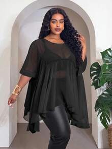 Slaydiva Black Chiffon Ruffle Flare Sleeve Loose Fit Blouse Beach Vacation Vacation Vacation Autumn Sexy Fall - Black - View 4