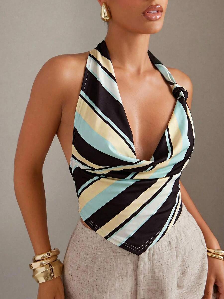 Hauture Women's Striped Asymmetric Hem Draped Neck Ruffle Top - Multicolor - View 1