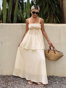 Livesso Summer Textured Plaid Camisole Top Skirt Set Wedding Vacation Casual Tropical Boho Beach Elegant Women's 2-Piece Outfit White Polka Dot - White - View 1
