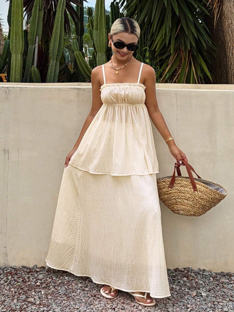 Livesso Summer Textured Plaid Camisole Top Skirt Set Wedding Vacation Casual Tropical Boho Beach Elegant Women's 2-Piece Outfit White Polka Dot - White - View 1