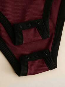 Franclia Women's Solid Color Ribbed Knit V-Neck Short Sleeve Bodysuit - Burgundy - View 5