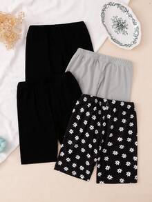 4pcs/Set Girls' Solid Color Leggings, Comfortable Fitted Short Design, Suitable For Spring, Summer, Autumn - Multicolor - View 3