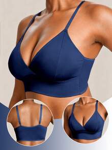 SHEIN Plus Size Women's Solid Color Casual Everyday Adjustable Strap Bra - Navy Blue - View 4