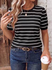 EMERY ROSE Women's Spring/Summer New Hot-Selling Striped Print Pattern Casual Versatile Round Neck Plus Size T-Shirt - Multicolor - View 1