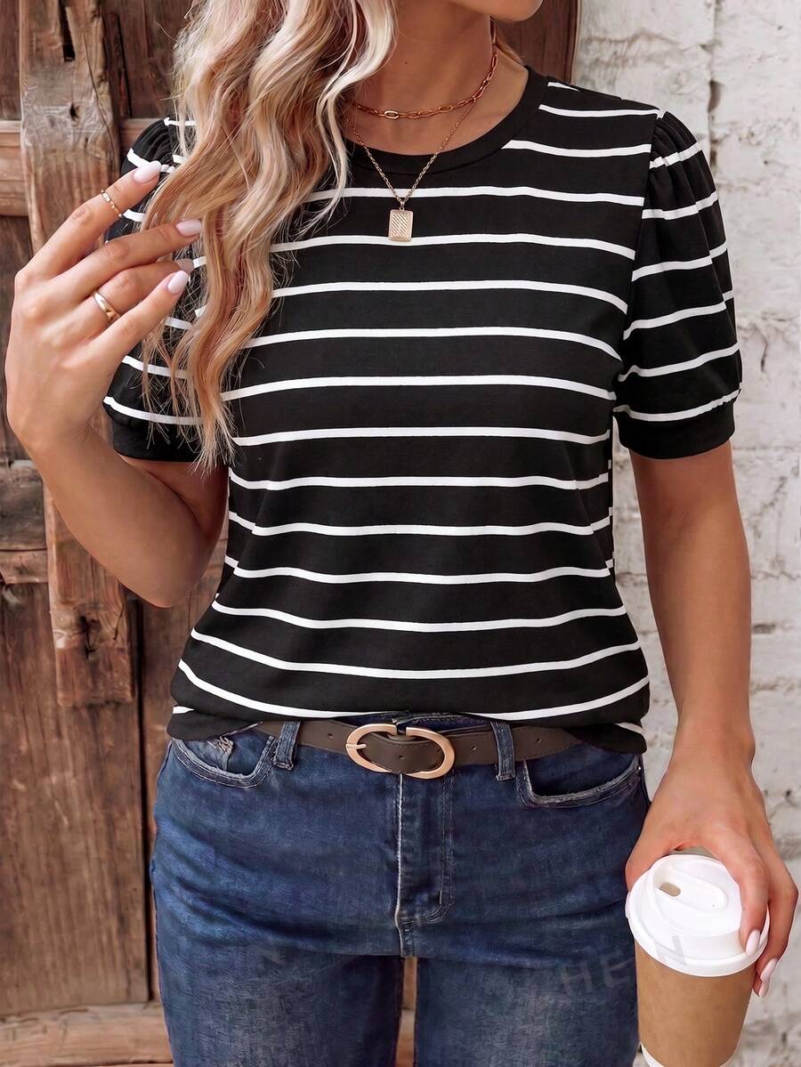 EMERY ROSE Women's Spring/Summer New Hot-Selling Striped Print Pattern Casual Versatile Round Neck Plus Size T-Shirt - Multicolor - View 1