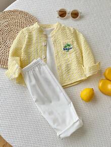 SHEIN 2件組男嬰休閒可愛條紋椰子樹刺繡長袖上衣彈性腰長褲套裝，適合生日派對、電音派對、晚宴、表演、婚禮、滿月、洗禮、1歲生日慶祝、婚禮賓客、嬰兒派對、基督洗禮服裝 - 彩色 - 查看 2