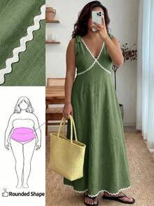 Enliva Plus-Size Women's Sleeveless Color Block Midi Dress Chic Summer Vacation Casual Tropical, For Apple And Rounded Beach Wedding Olive Green - Army Green - View 1