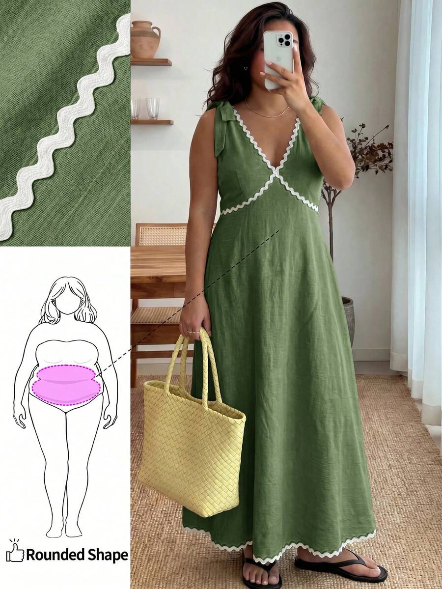 Enliva Plus-Size Women's Sleeveless Color Block Midi Dress Chic Summer Vacation Casual Tropical, For Apple And Rounded Beach Wedding Olive Green - Army Green - View 1