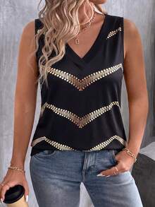 EMERY ROSE Camiseta de tirantes casual de talla grande con cuello en V, fondo negro y estampado de ondas doradas, estilo vintage - Multicolor - Ver 4
