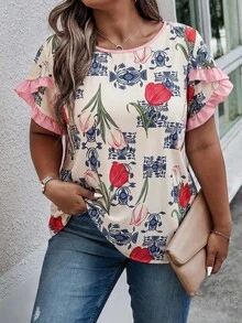 Weeklong Plus Size Women's Spring/Summer Ruffle Petal Sleeve Striped Print Casual Vacation Shirt - Multicolor - View 3