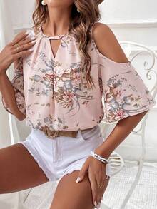 SHEIN VCAY 度假女款露肩花卉圖案時尚襯衫 - 淺粉色 - 查看 4