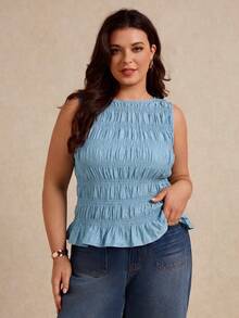 Elaquor Plus Size Women's Solid Color Pleated Ruffle Hem Sleeveless Tank Top - Baby Blue - View 7