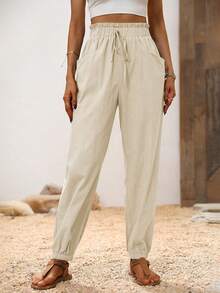 Breezaya Vacation Casual Versatile Solid Color Cuffed Long Pants - Apricot - View 7