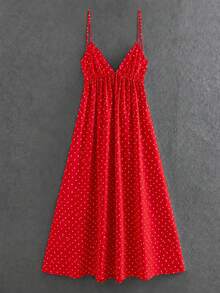 Cévolie Petite Women's Vacation Polka Dot Print Casual Camisole Dress - Bright Red - View 3