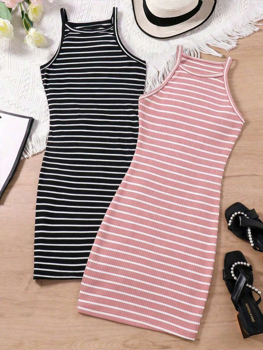 SHEIN Sparklyn Teen Girls Striped Fitted Basic 2 Pieces Mini Dress Set, Outfits - Multicolor - View 1