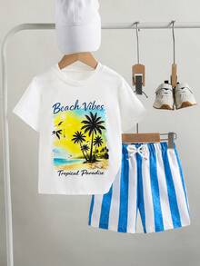 SHEIN Streecool Kids 2件組小男孩休閒椰子標語印花短袖圓領T恤與短褲套裝，適合夏季日常休閒穿著、度假海灘假期，兒童夏季套裝 - 藍色 - 查看 8