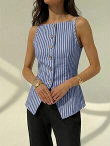 Aloruh Women's Elegant Square Neck Sleeveless Striped Lightweight Blazer Vest - Blue - View 5