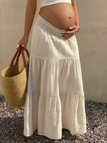 Dazy Maternity Apricot Chiffon A-Line Maternity Skirt With Gathered Waist, Versatile Casual Vacation Style For Daily Wear Summer - Apricot - View 1