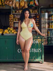 Swim Vcay Plus Size Women's Starfish Print Halter Neck Tie One Piece Swimsuit, Suitable For Beach Vacation, Pool Party, Beach Party Butter Yellow Summer - Yellow - View 5