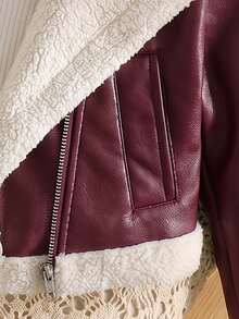 SHEIN Tween Girl Casual Street Chic Motorcycle Collar Metal Zipper Closure PU Lined Fleece Composite Fleece Short Long Sleeve Lapel Patchwork Faux Fur Jacket Coat, Black In Fall/Winter - Burgundy - View 6