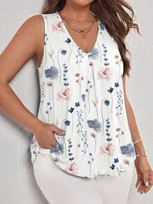 Comfylo Casual Versatile Daily Plus Size Floral Pattern V-Neck Pleated Casual Tank Top, Spring/Summer Style - Multicolor - View 3