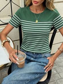 Pariaura Women's Striped Print T-Shirt With Bow Decoration On Back - Dark Green - View 3