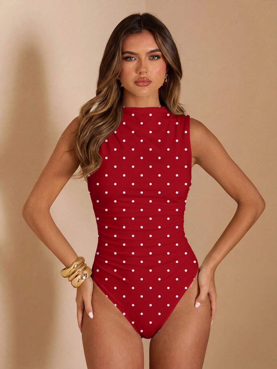 SHEIN BAE 女款秋季抓皺假領無袖貼身連身衣 - 紅色 - 查看 1