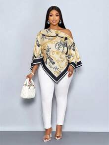 SOLERSUN Plus Size Women's Spring And Summer Fashionable, Elegant, Casual And Sexy Vacation Shirt With Half Sleeves, Raglan Sleeves, Slanted Shoulder, Off Shoulder, Asymmetrical Shoulder Hem, Asymmetric Square Scarf Hem, Woven Pink, Orange, Yellow Chain, Retro Vintage Money Positioning Print, Suitable For Daily Dressing, Shopping, Dating, Music Festivals, Island Vacation, Old Money Vacation, Holiday, Resort - Black - View 4