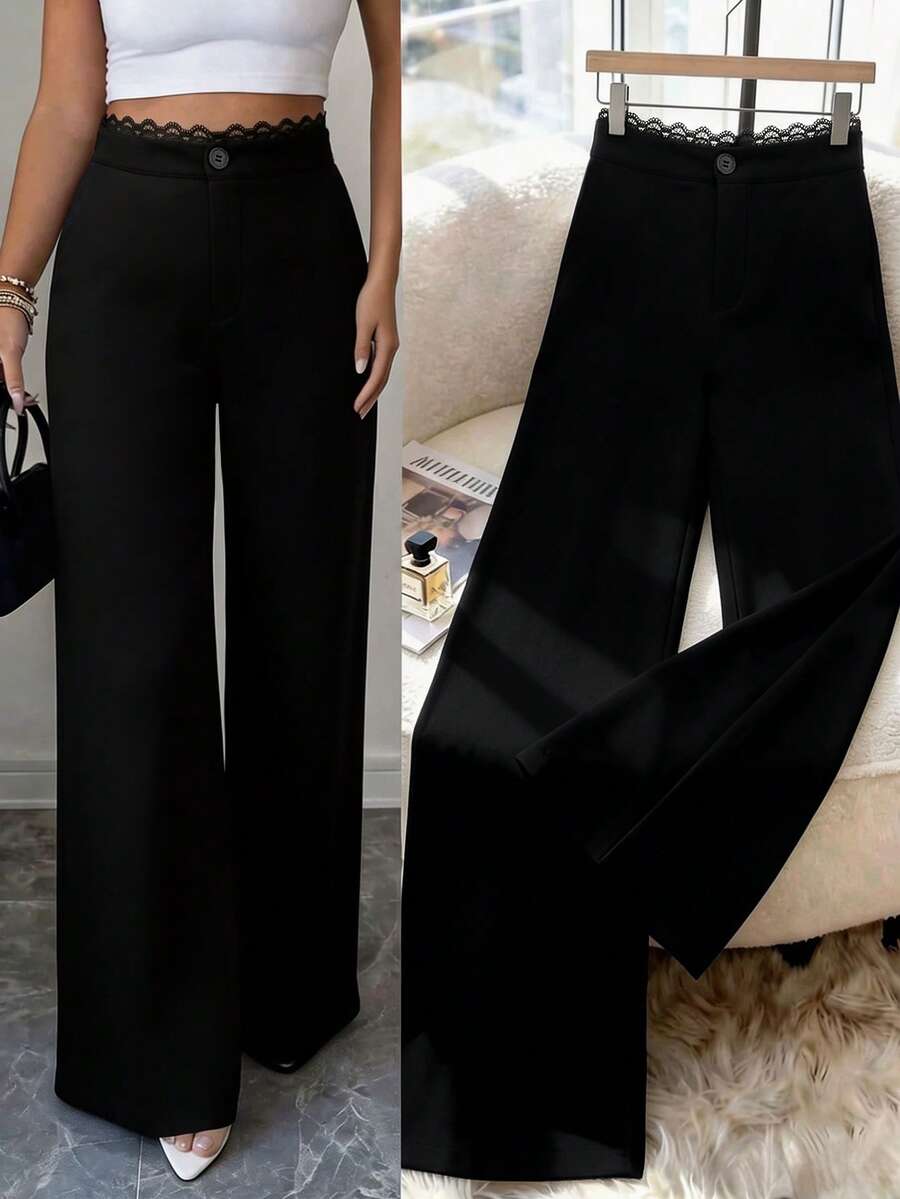 GlowEve CURVE Plus Size Elegant Versatile Contrast Lace Trim Pants - Black - View 1