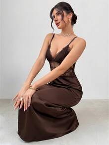 Firerie Women's Elegant Romantic Dark Brown Spaghetti Strap Lace Sexy Dress Night Out Summer Date Night - Brown - View 5