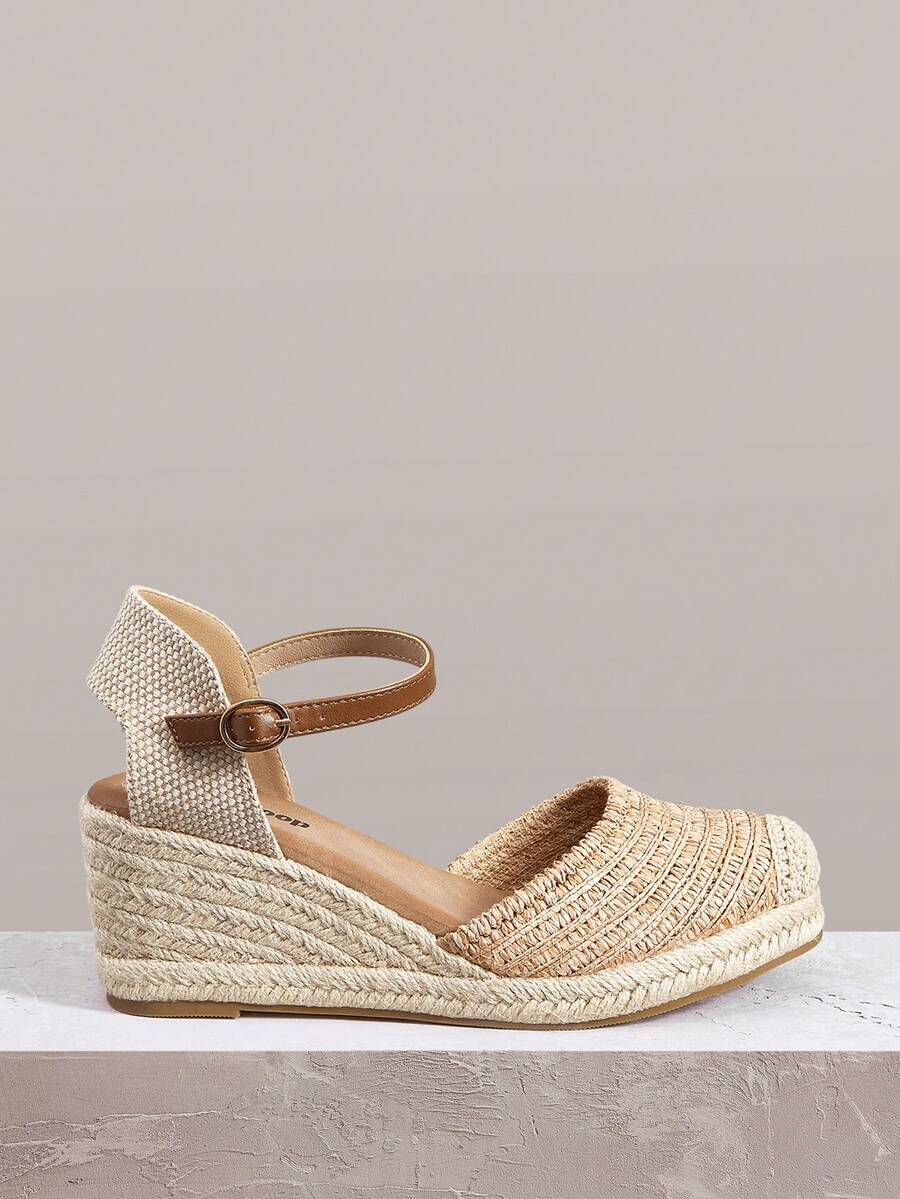 Styleloop Retro Casual Style Woven Wedge Sandals; Buckle Strap Daily Versatile Comfortable Sandals - Camel - View 1