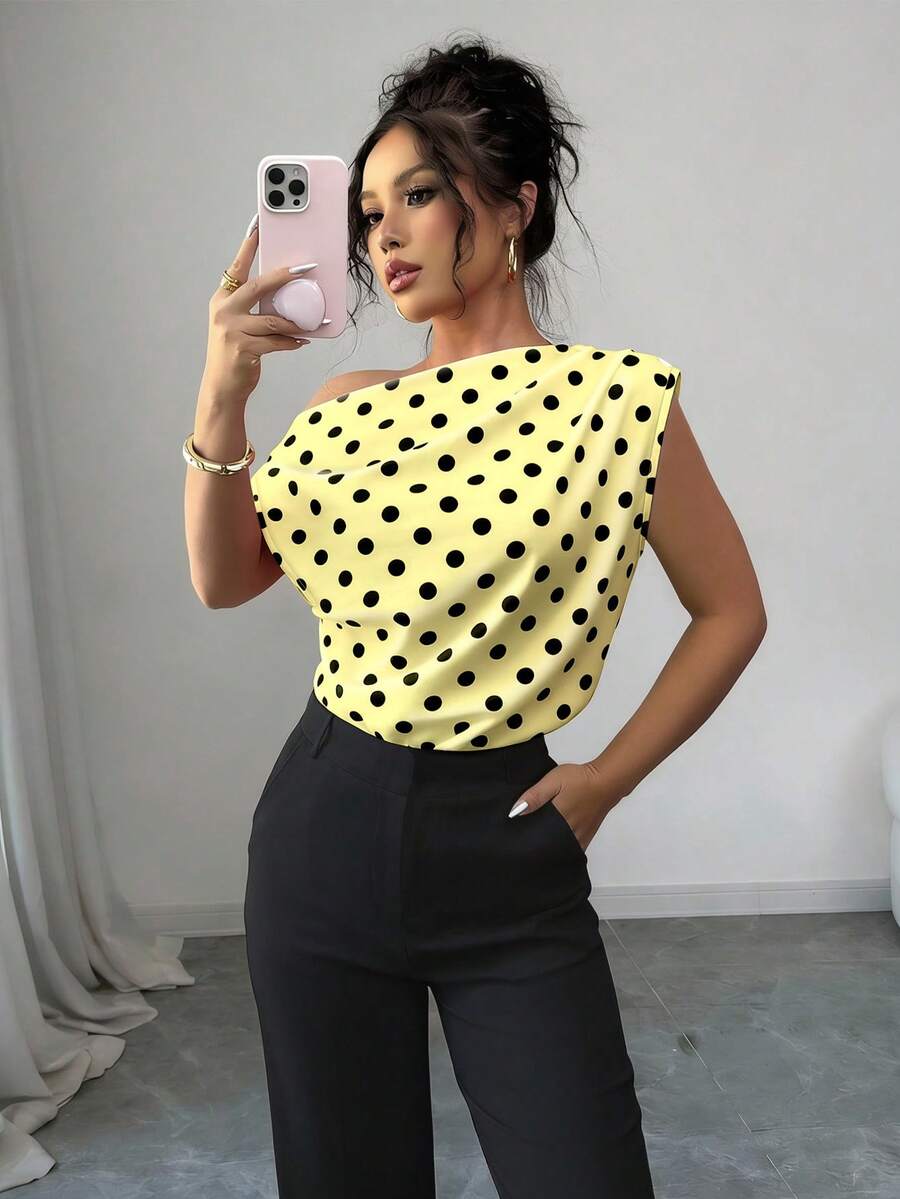 SHEIN Elenzya 波點不對稱肩無袖女款上衣,露肩優雅通勤襯衫 - 黃色 - 查看 1