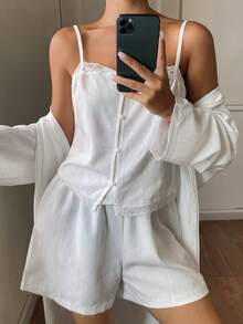 DAZY 3-Piece Vacation Style 3D Polka Dot Textured Fabric Summer Pajama Set For Women - White - View 4