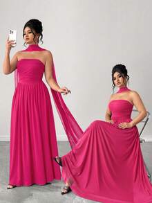 Elenzga Vestido largo de mujer de verano con bufanda de malla, pliegues en el pecho, dobladillo extra largo hasta el suelo, elegante, de moda y romántico - Rosa Fucsia - Ver 3