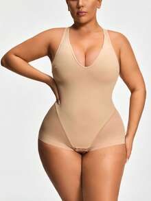 SHAPORA Plus Size Shaping Plunge Deep-V Shapewear Brief Bodysuit Body Shaper Butt Lifter -Tummy Waist Thigh Control - Apricot - View 5