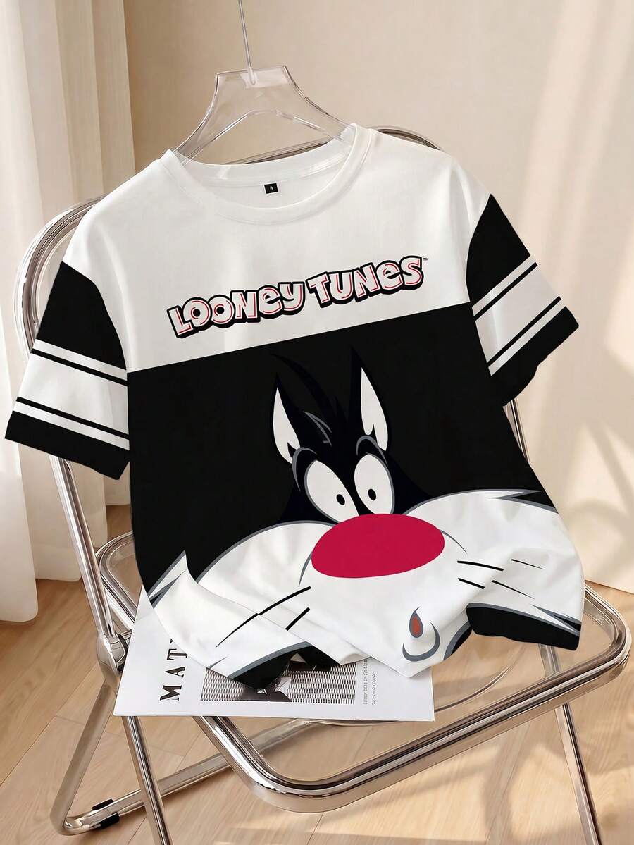 LOONEY TUNES X SHEIN Women's Casual Colorblock Cartoon Pattern Short Sleeve T-Shirt, Summer - White - View 1