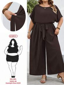 SHEIN CURVE+ 大尺碼女款純色圓領蝙蝠袖休閒寬腿連身褲 - 棕色 - 查看 1