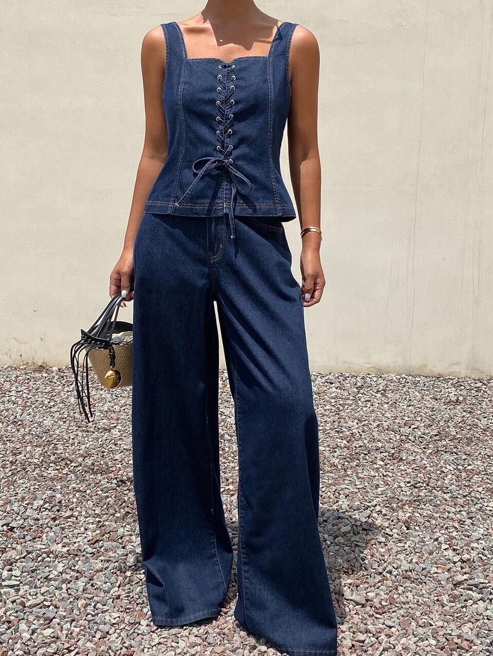 Women's Casual Denim Camisole And Loose Jeans Set, Vacation Style Street Wear, Spring/Summer
