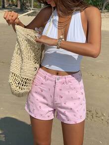 Livesso Ditsy Floral Frayed Hem Casual Women Denim Shorts - Pink - View 3
