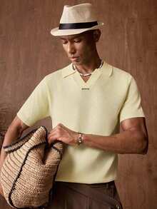 AKNOTIC Business Casual Men's Solid Color Polo Collar Short Sleeve Casual Versatile Knit Top - Light Yellow - View 2